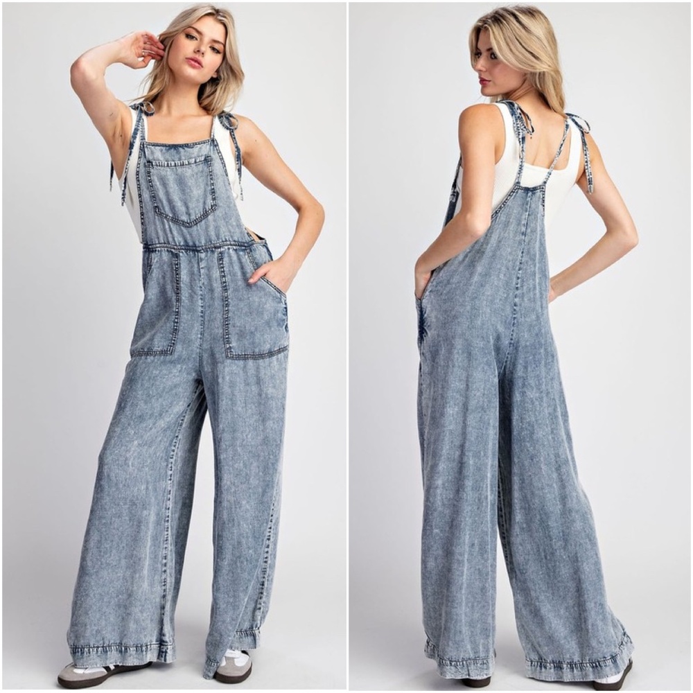 031 Boho Blue Mineral Washed Wide Leg Pockets Jumpsuit - Picture 2 of 10